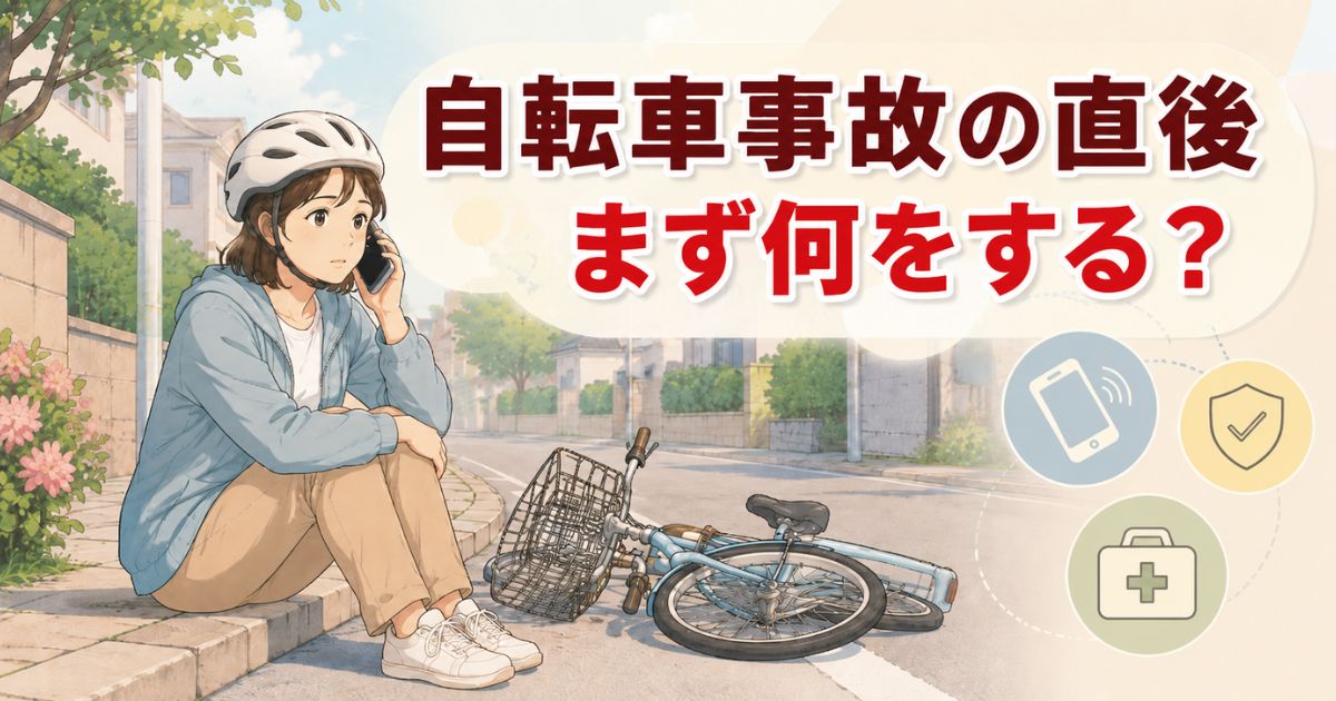 自転車事故のあと、安全な場所でスマートフォンを使って連絡している人のイラスト