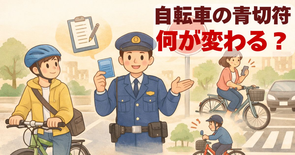 警察官が自転車の交通ルールと青切符の変更点を説明しているやさしい情報イラスト