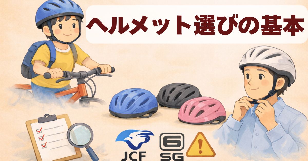 自転車ヘルメットを着用する人と複数のヘルメット、安全基準マークや確認ポイントを描いたやさしい情報イラスト