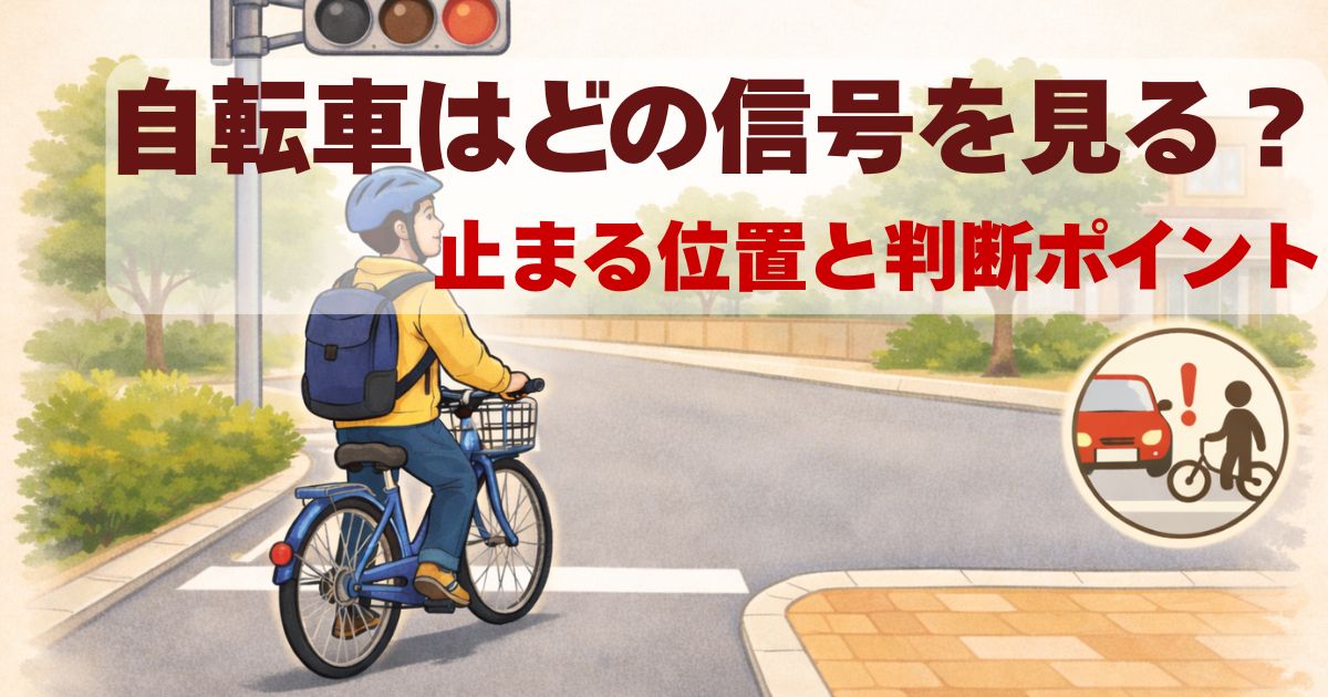 信号のある交差点で停止する自転車のイメージ