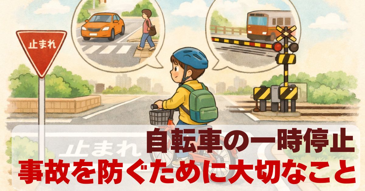 自転車の一時停止と安全確認のポイントを解説するアイキャッチ画像