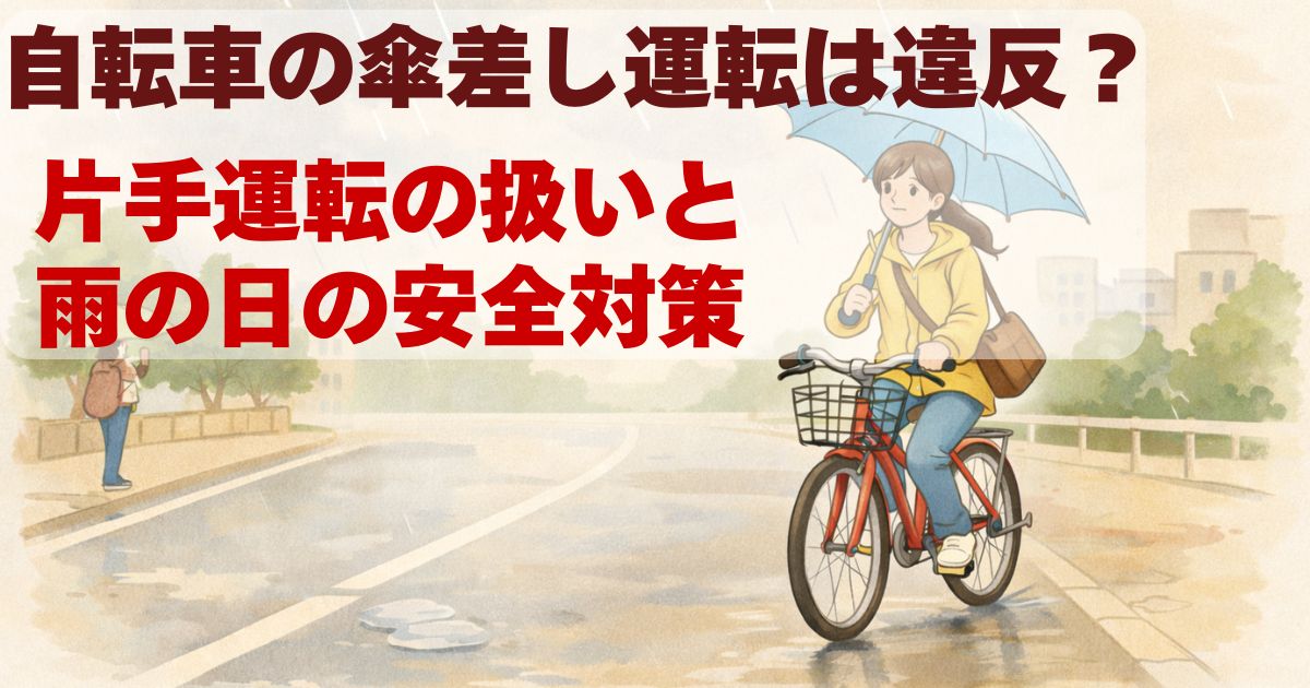 雨の日に傘をさしながら自転車を運転する女性を描いた、自転車の傘差し運転と安全対策を解説する記事用アイキャッチ画像