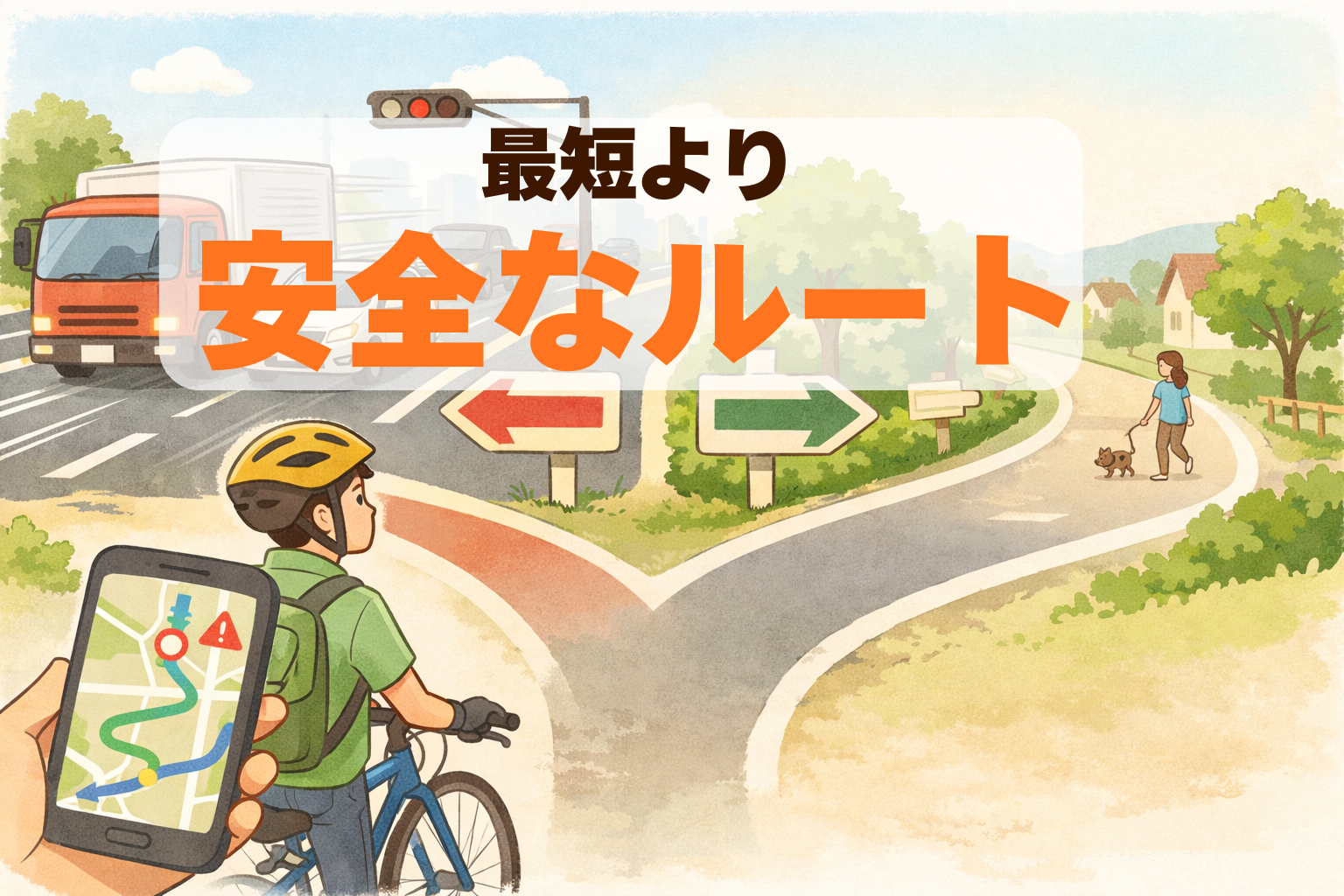 自転車で安全な道を選ぶ考え方を示すアイキャッチ画像