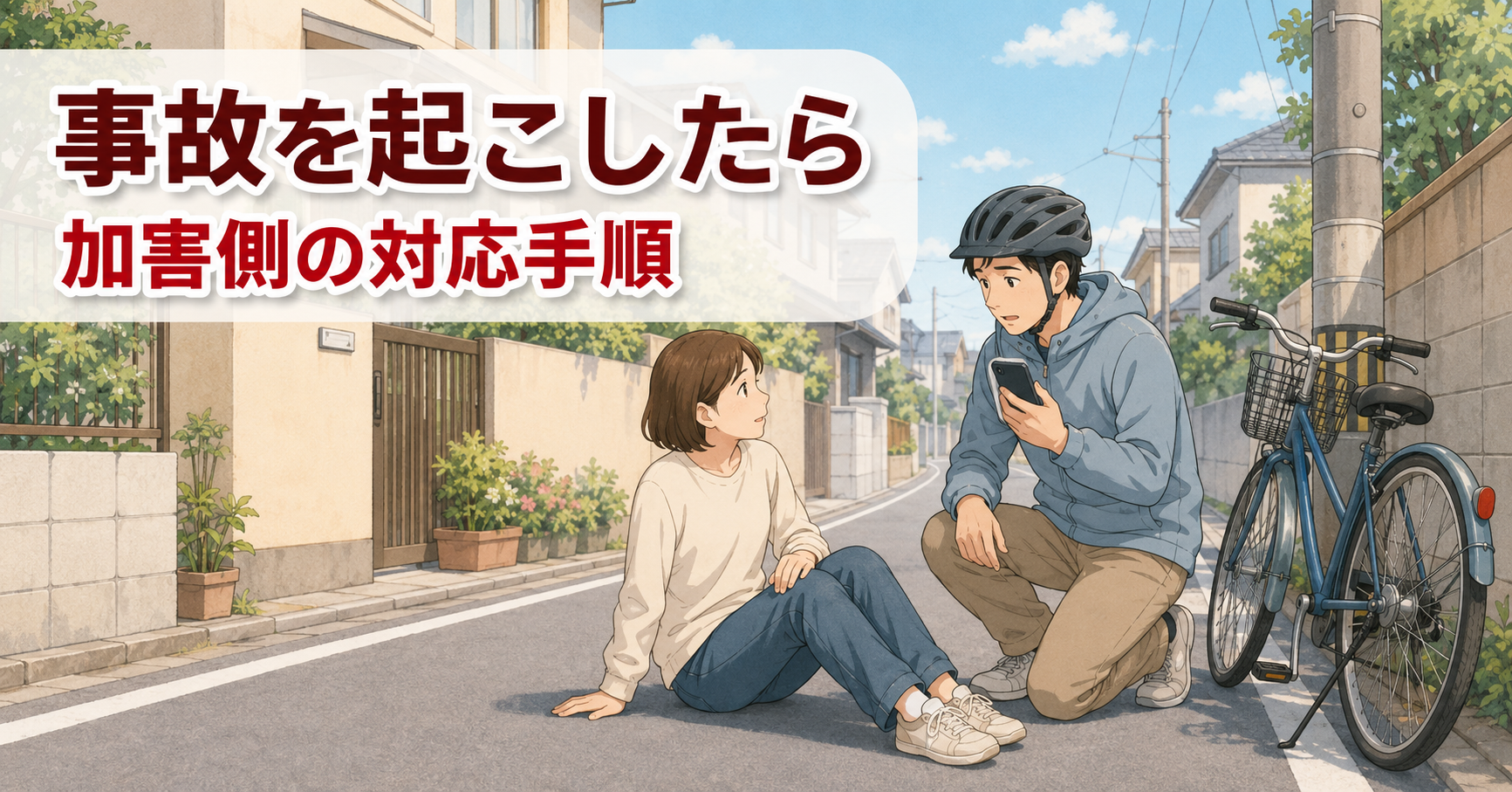 自転車事故後に相手の様子を確認し、スマートフォンで連絡しようとしている場面