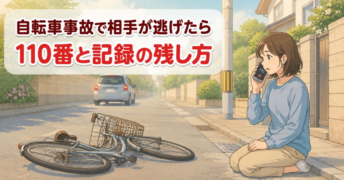 自転車事故で相手が逃げたあと、安全な場所でスマホから110番し、状況を記録している様子