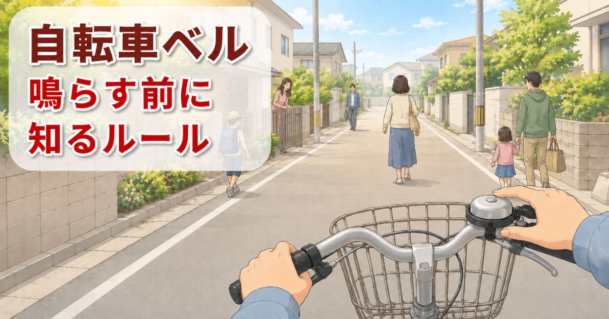 自転車のベルに手を添えながら、歩行者との距離を保って減速する場面のイラスト