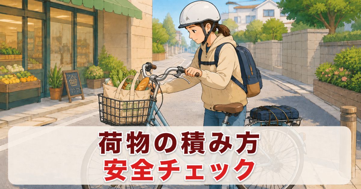 荷物を前かごに入れた自転車の横で、走り出す前に積み方を確認している人物のイラスト