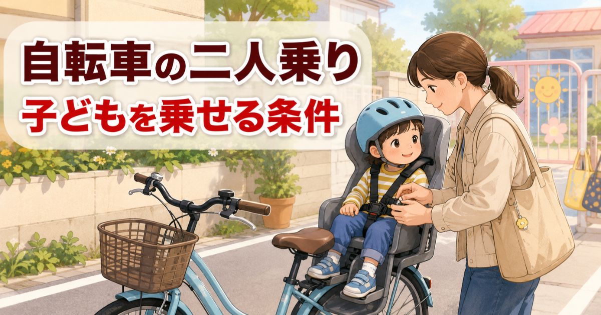 子どもを幼児用座席に乗せた自転車と、送迎前に安全を確認する保護者のイラスト