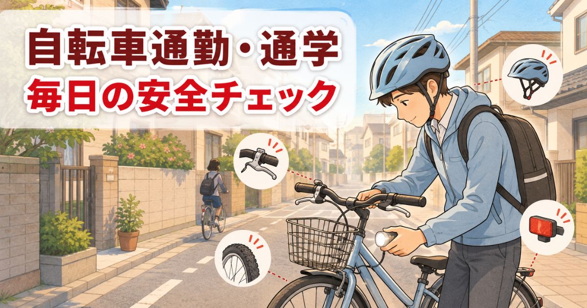 朝の住宅街で自転車通勤・通学前に安全確認をしている様子