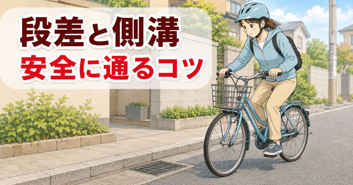 住宅街の段差と側溝の前で、自転車の速度を落として安全を確認している様子