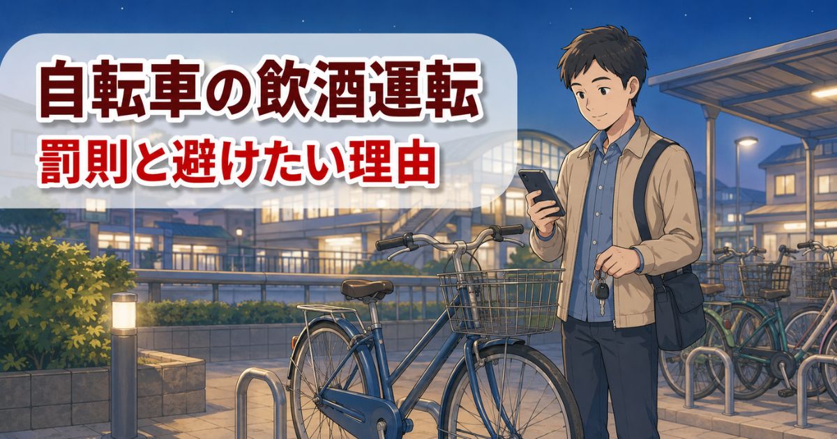 夜の駅前駐輪場で、飲酒後に自転車へ乗らずスマホで帰り方を確認している人のイラスト