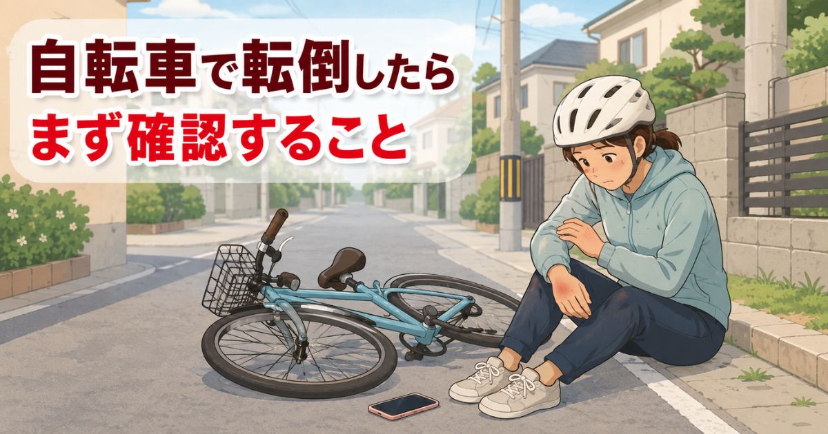 自転車で転倒したあと、道の端で体と自転車の状態を確認している人のイラスト