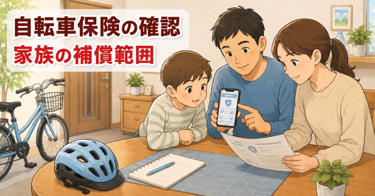 家族が自転車保険の補償内容をスマホと書類で確認しているイラスト