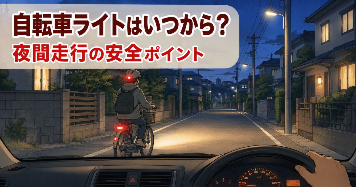 夕暮れの日本の生活道路で、後方ライトを点けた自転車が車から見えやすく走っているイラスト