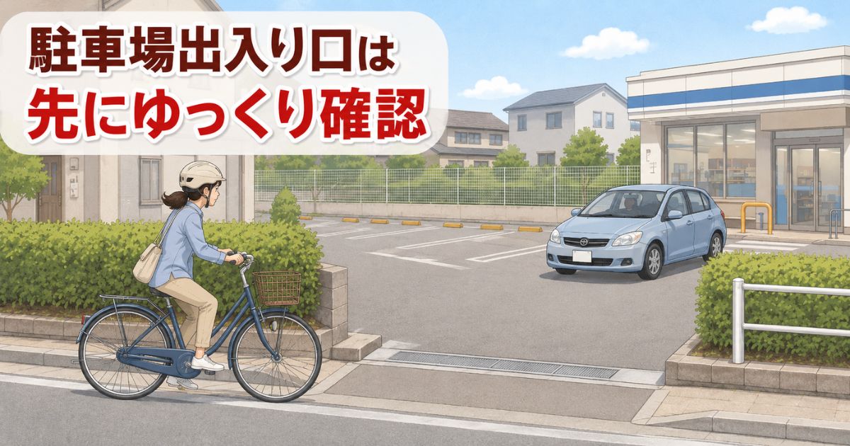 店舗駐車場の出入口手前で、自転車に乗る人が車の動きを確認しているイラスト