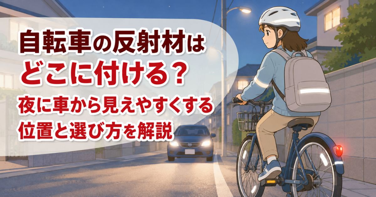 夜の住宅街で、自転車の後部や車輪、足元の反射材が車のライトを受けて見えやすくなっているイラスト