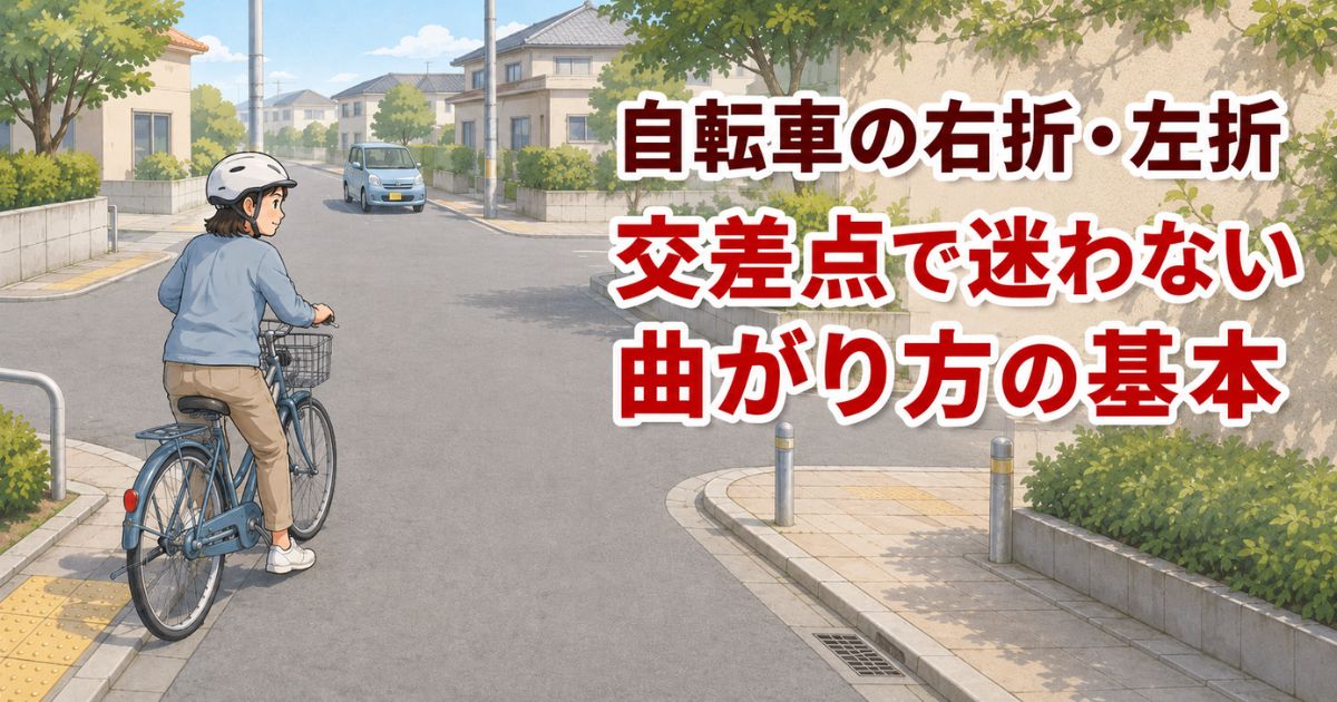 自転車が交差点で右折や左折をするときの曲がり方を、道路と矢印でわかりやすく示したアイキャッチ画像