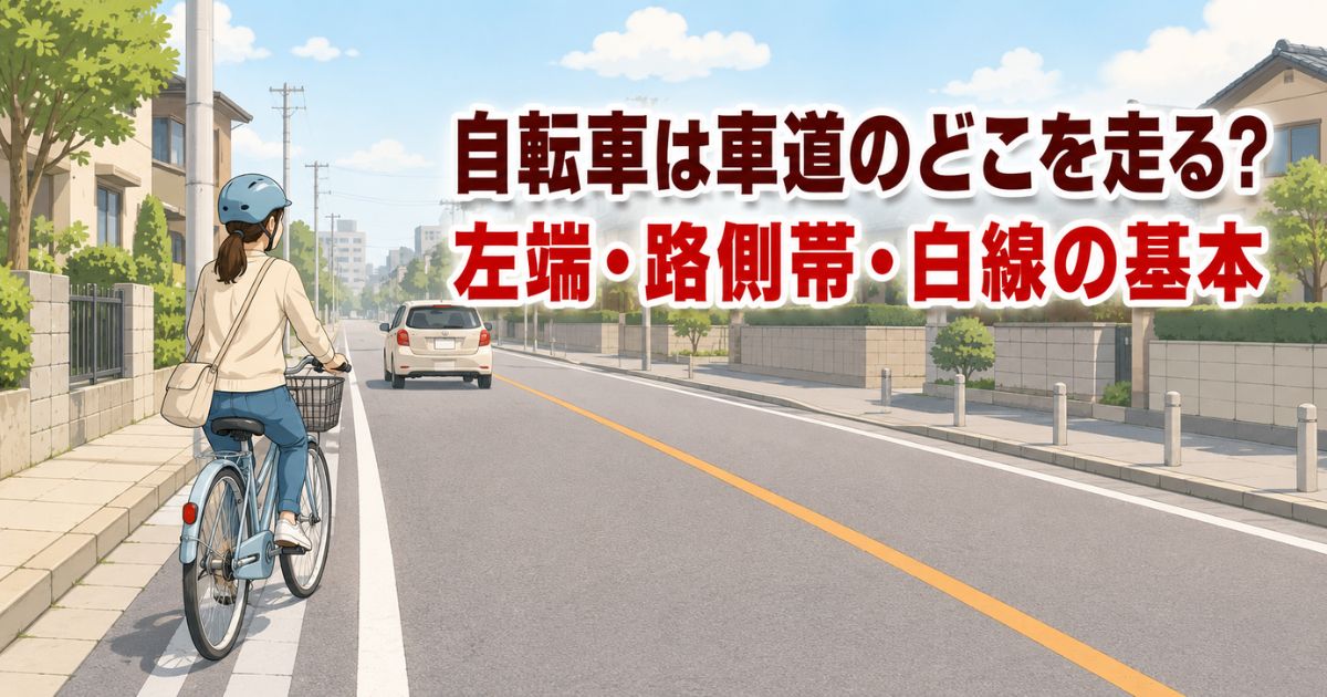 車道の左端付近を走る自転車と、路側帯や白線の位置関係を示したイメージイラスト
