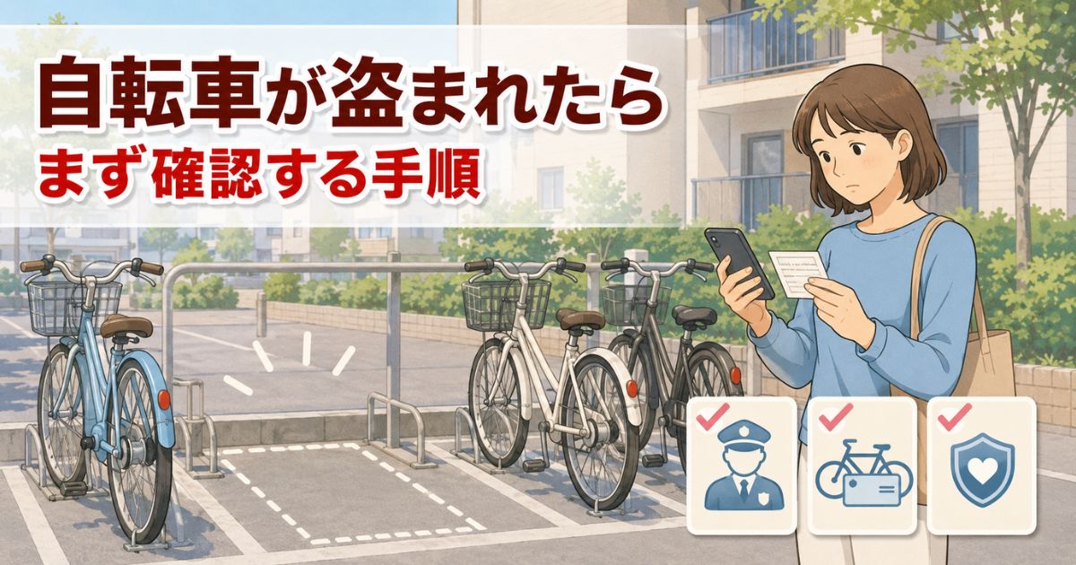 駐輪場で自転車が見当たらず、スマホと書類を確認する人物のイラスト