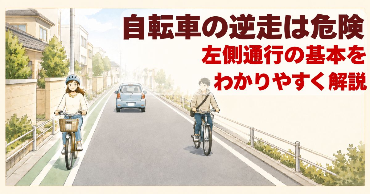 自転車の左側通行が正しく、右側通行の逆走が危険であることを示した交通ルール解説イラスト