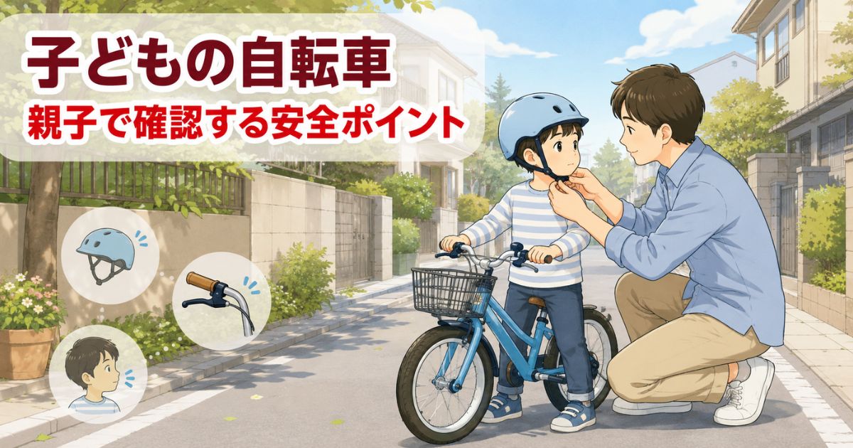 親子が自転車に乗る前にヘルメットやブレーキを確認している生活道路のイラスト