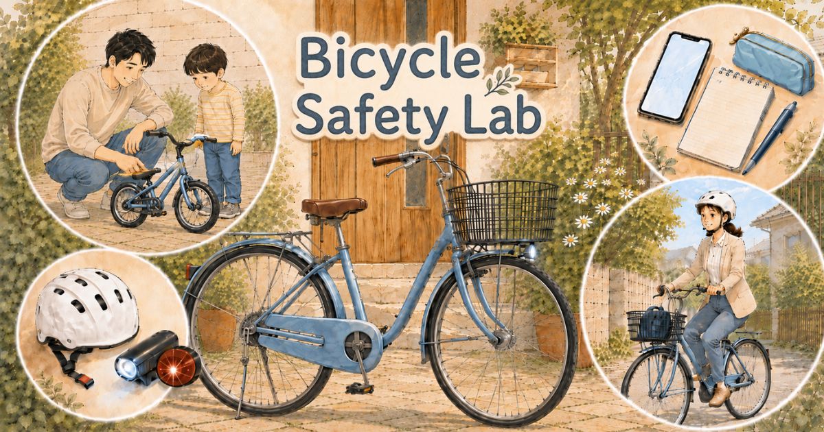 日本の生活道路で親子や通勤者が自転車を安全に利用しているやさしいイラスト