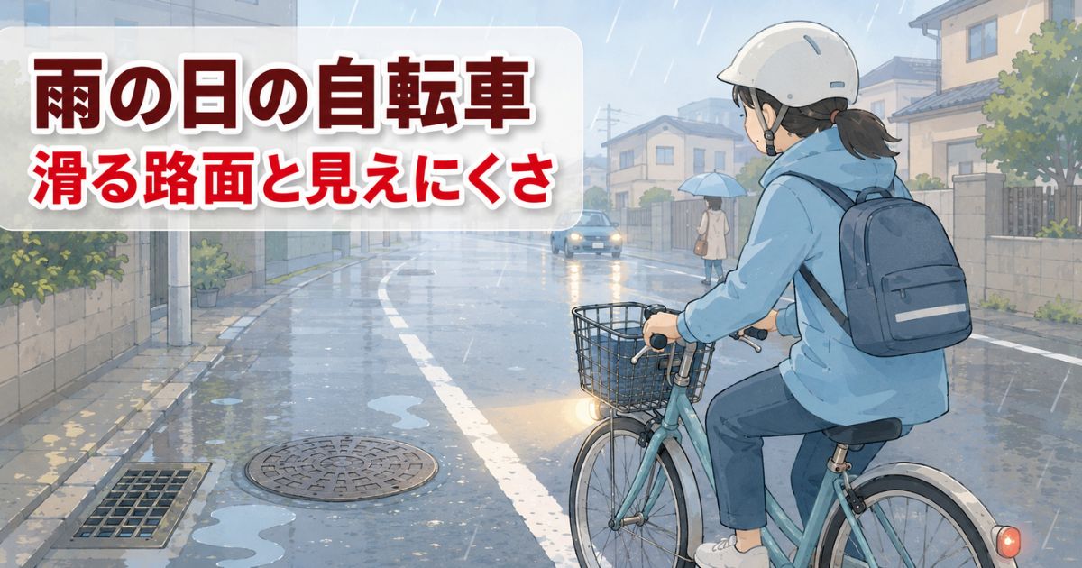 雨の日の生活道路で、自転車の前輪が濡れた白線やマンホール付近を慎重に通る様子