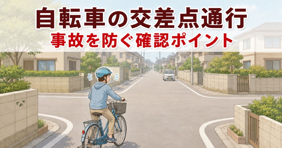 生活道路の交差点で、自転車に乗る人が左右を確認しながら安全に通行しようとしているイラスト