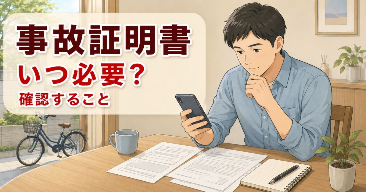 自転車事故後に、スマホと書類を見ながら事故証明書について確認している人のイラスト