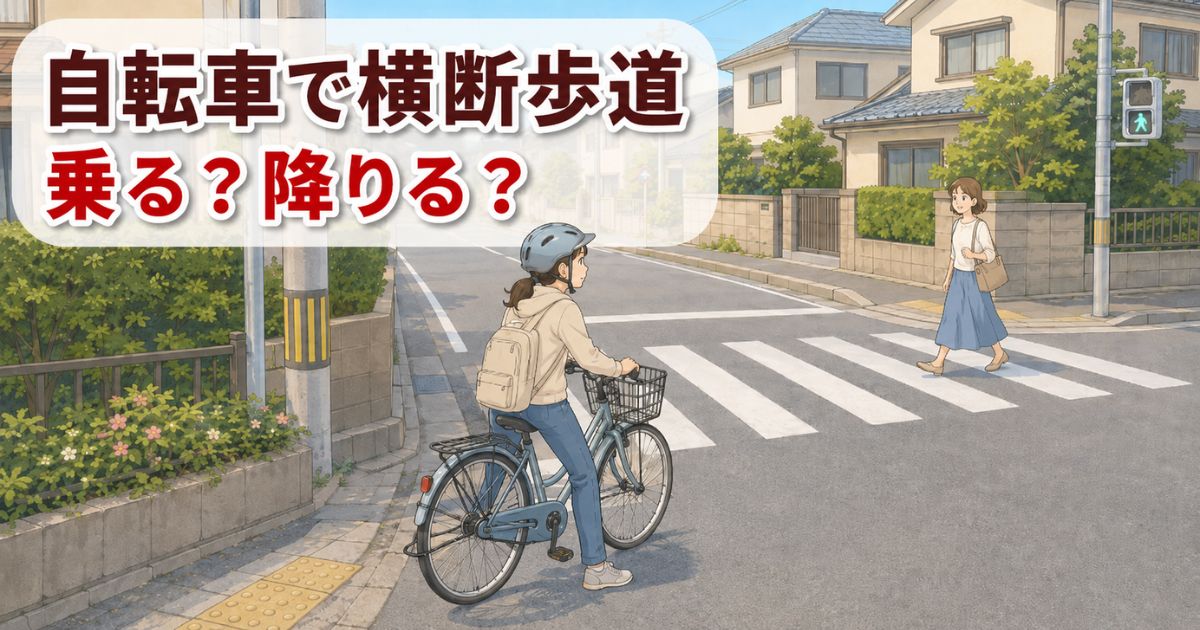 横断歩道の手前で自転車を止め、渡り方を確認している人のイラスト