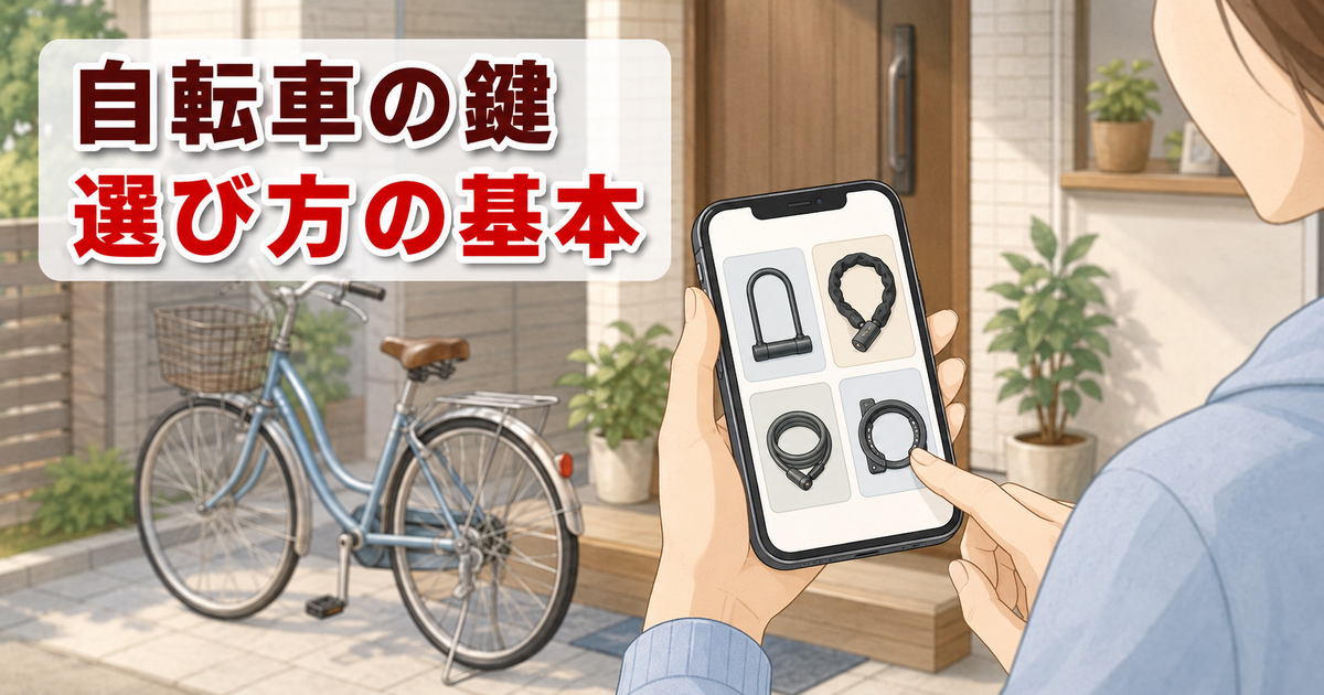 スマホを見て自転車のカギを選んでいるイラスト