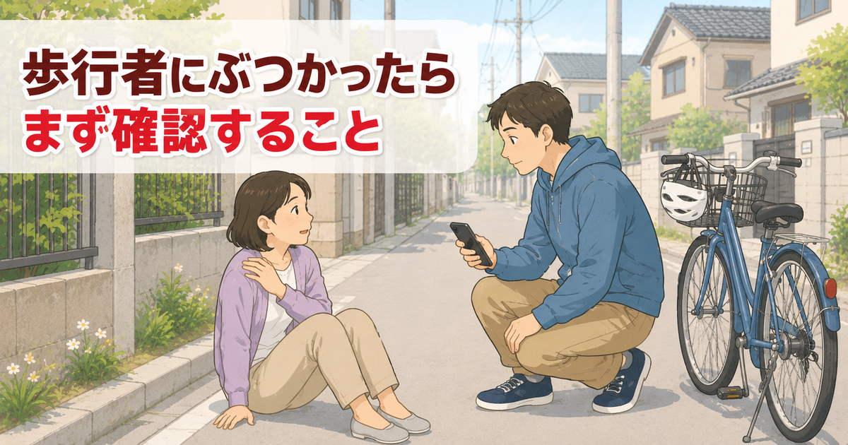自転車で歩行者にぶつかった後、道路脇で相手の様子や連絡先を確認しているイラスト