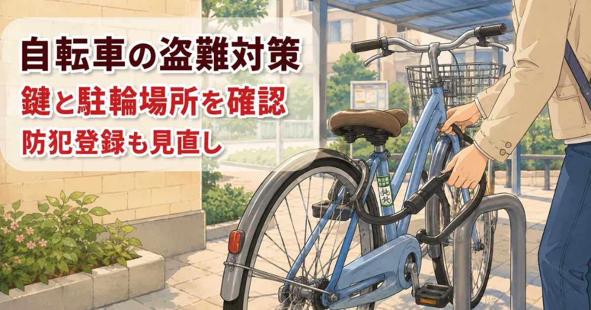 駐輪場で自転車を二重ロックし、鍵のかけ方や駐輪場所を確認している様子
