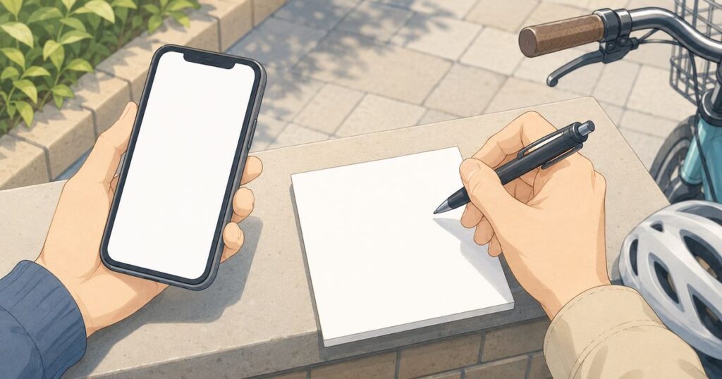 自転車事故後にスマホとメモで連絡先を記録している手元のイラスト
