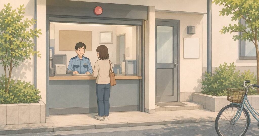 自転車事故後に警察へ届出や相談をしている場面のイラスト