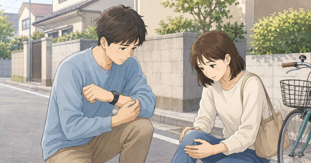 自転車事故のあと安全な道路脇でけがの有無を確認しているイラスト