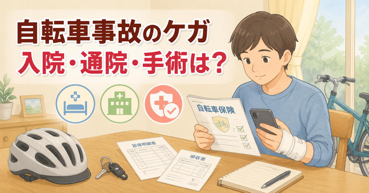手首にサポーターを付けた人が自宅で自転車保険の書類とスマートフォンを確認するイラスト