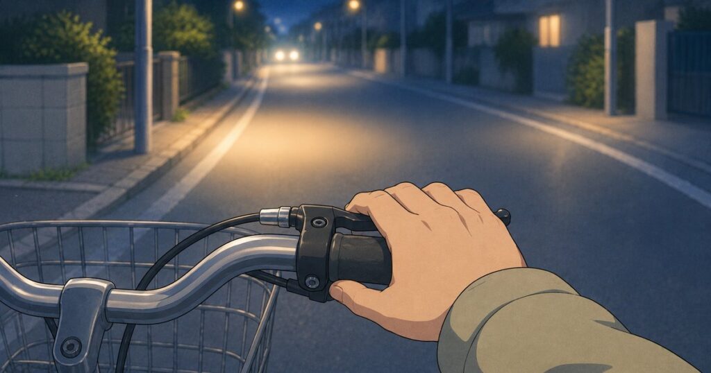 夜道で自転車のブレーキレバーに手を添える様子
