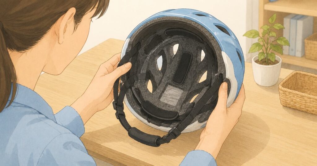 子ども用ヘルメットの内側を確認する手元