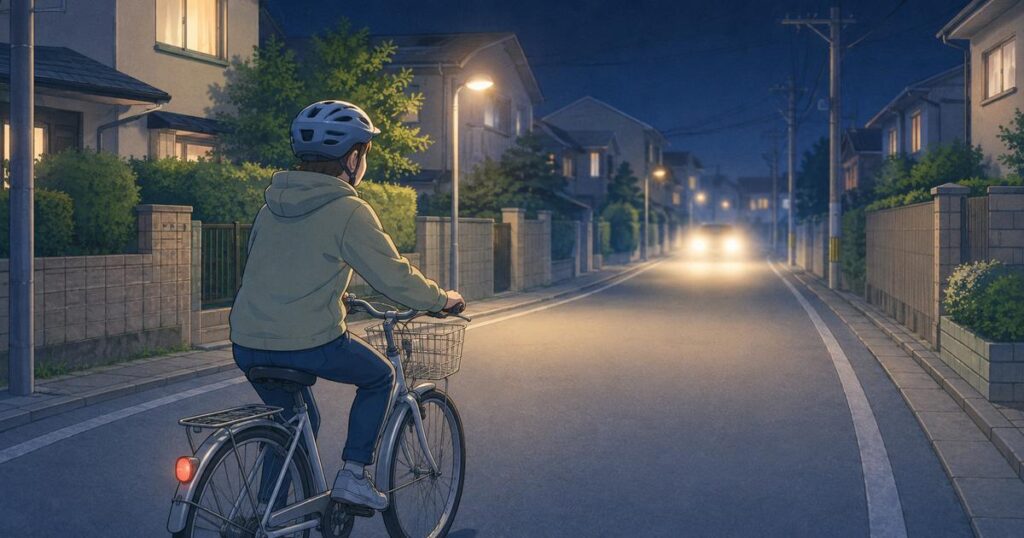 夜の住宅街を落ち着いて走る自転車利用者のイラスト