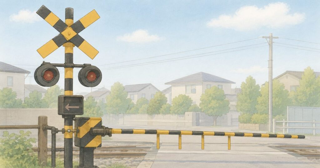 静かな生活道路の先に踏切警報機の一部が見えるイラスト