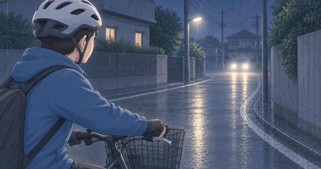 雨の夜の狭いカーブ手前で停止する自転車利用者