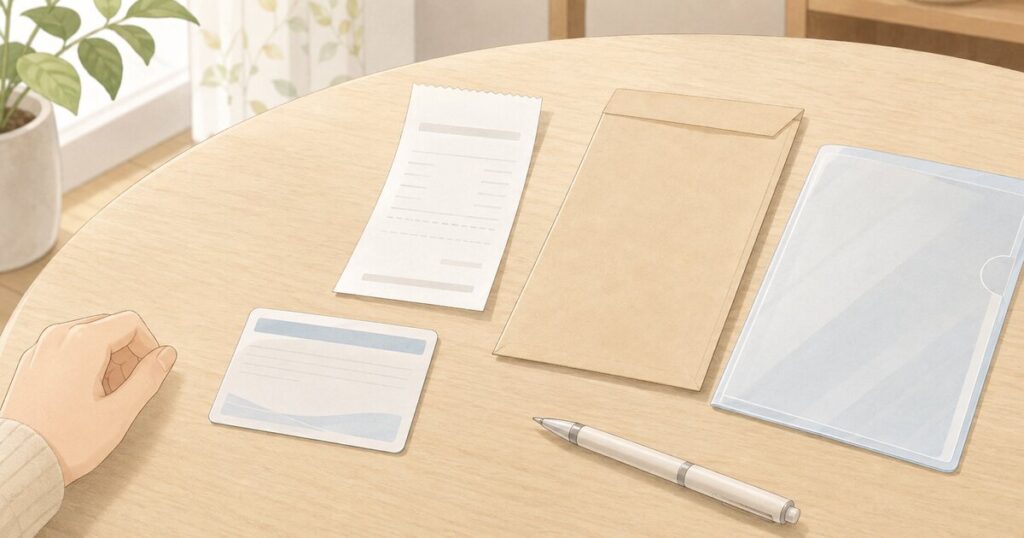 自宅のテーブルで防犯登録カードや購入時の書類を確認しているイラスト