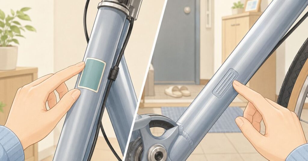 自転車のフレームにある防犯登録シールと車体番号の位置を手元で確認しているイラスト