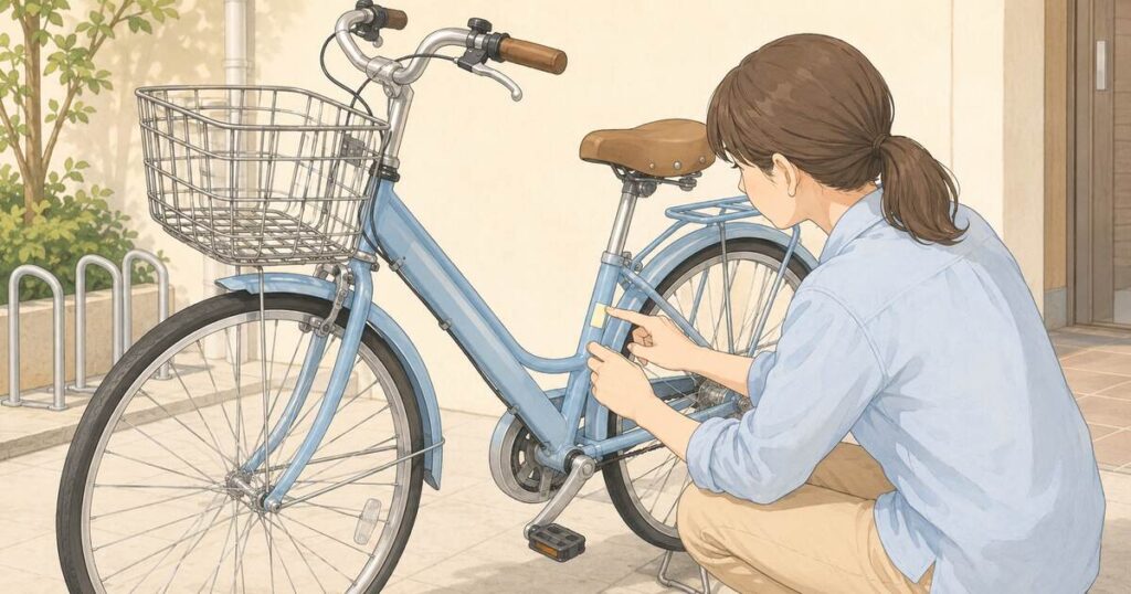 駐輪スペースで自転車の防犯登録シールを確認している人のイラスト