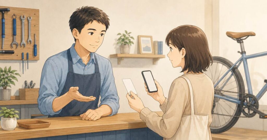 自転車店のカウンターで防犯登録について相談している人のイラスト