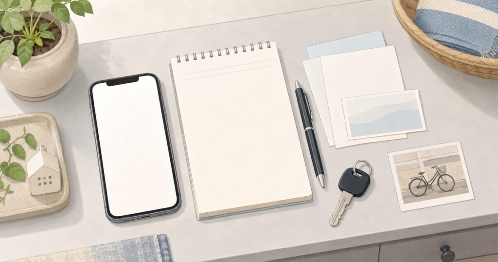 盗難後の届け出に備えてスマホや書類をテーブルに並べて確認しているイラスト