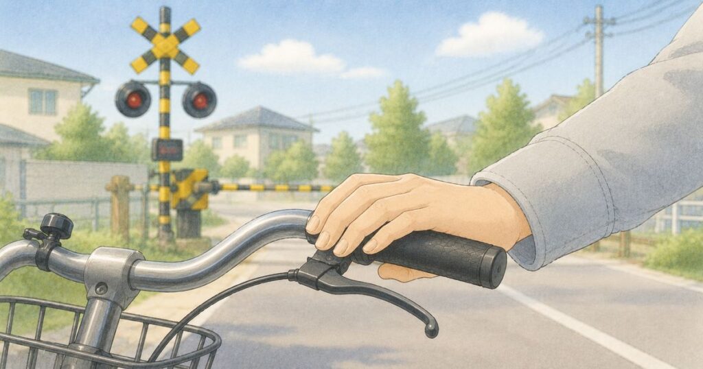 停止した自転車のハンドルに手を添えて静かに待つ場面のイラスト