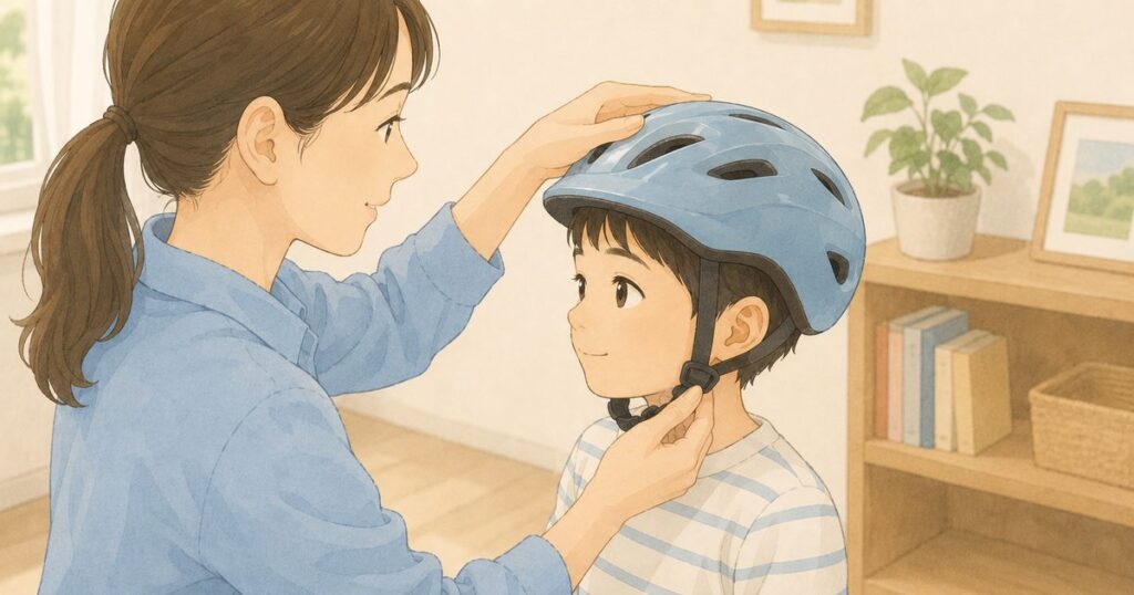 ヘルメットを試着する子どもとあごひもを確認する保護者