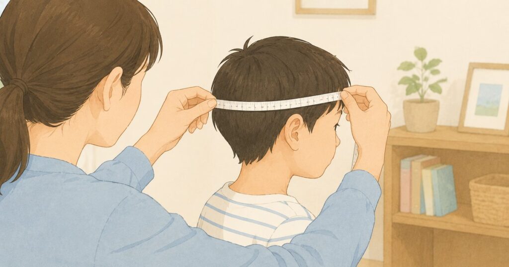 子どもの頭囲をメジャーで測る保護者